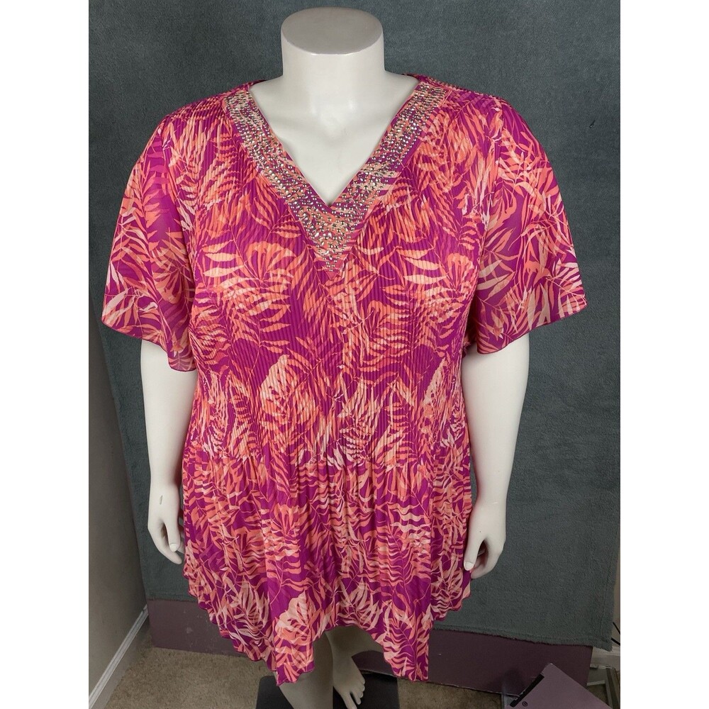 Catherines Tunic Top‎ 1X Pink Orange Boho Tropical Resort Flowy Oversized Beaded